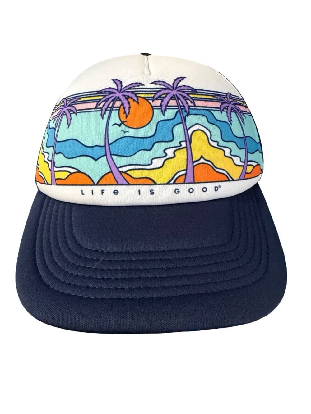 Life Is Good Tropical Sunset Palm Tree Trucker Hat Mesh Snapback Cap Beach Surf